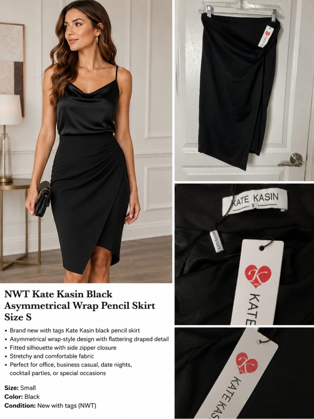 NWT Kate Kasin Black Asymmetrical Wrap Pencil Skirt Size S